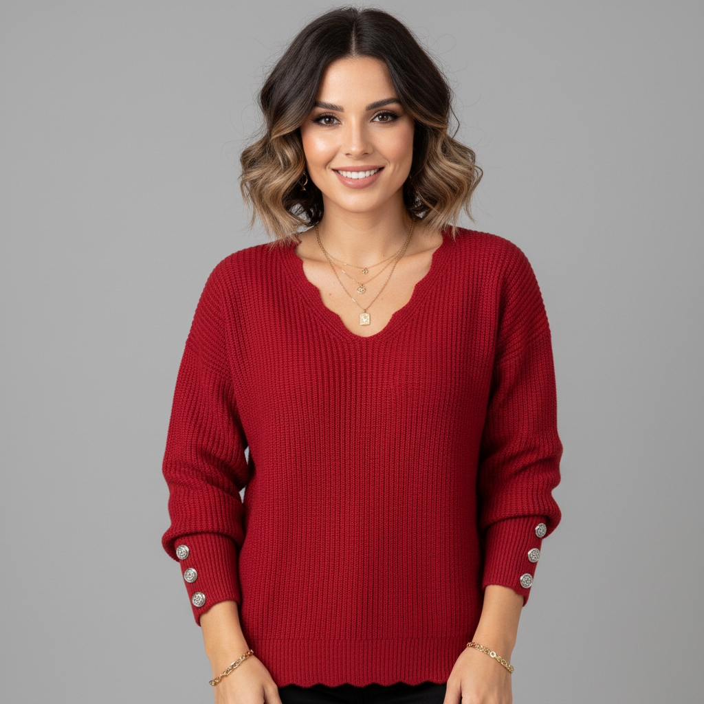 Soft Knitted V-Neck Long Sleeve Blouse for Women with Buttons