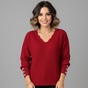Soft Knitted V-Neck Long Sleeve Blouse for Women with Buttons
