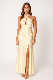 Lotte - Satin Women's Maxi Halter Dress with Split