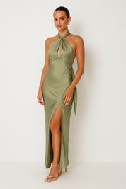 Lotte - Satin Women's Maxi Halter Dress with Split