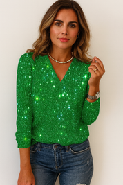 Glitter V-Neck Top with Long Sleeves for Women