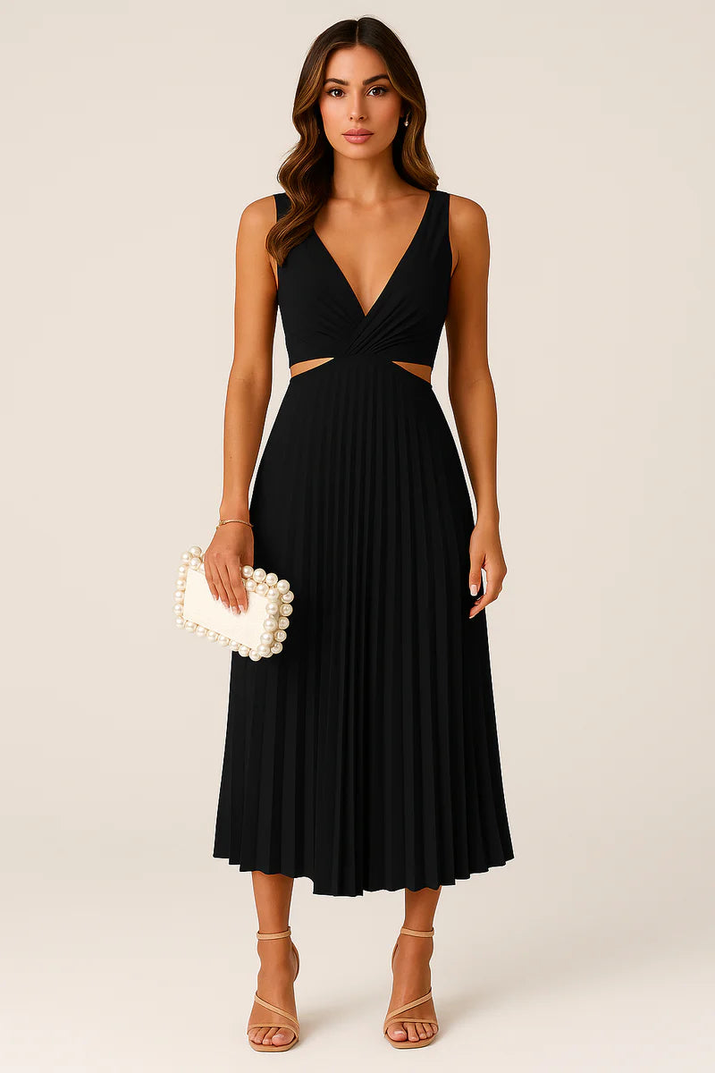 Elegant Pleated Cocktail Dress with Deep V-Neck for Women