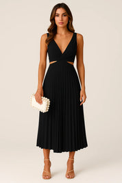 Elegant Pleated Cocktail Dress with Deep V-Neck for Women