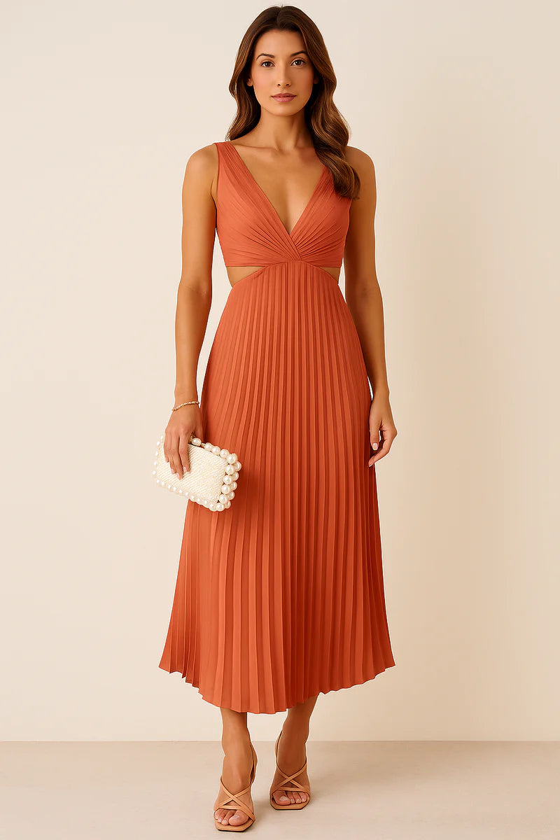 Elegant Pleated Cocktail Dress with Deep V-Neck for Women