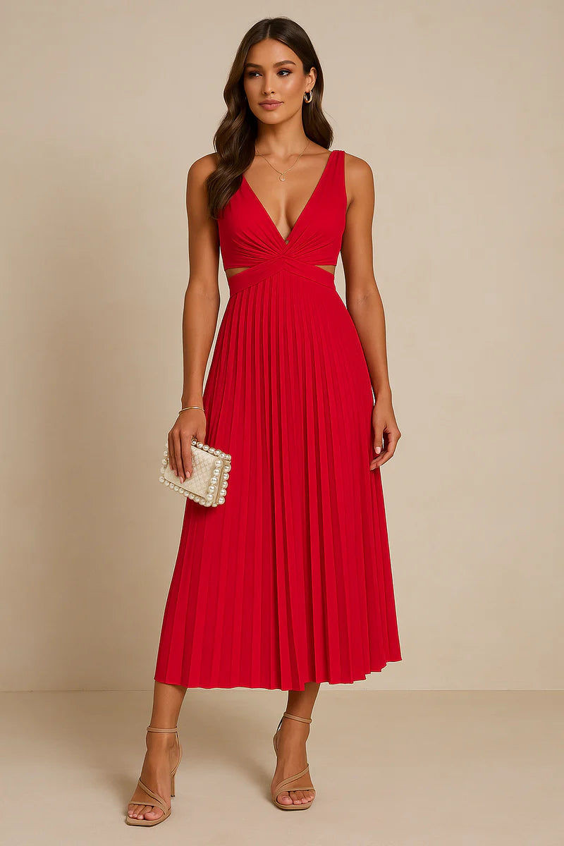 Elegant Pleated Cocktail Dress with Deep V-Neck for Women