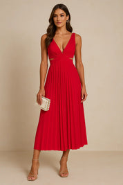 Elegant Pleated Cocktail Dress with Deep V-Neck for Women