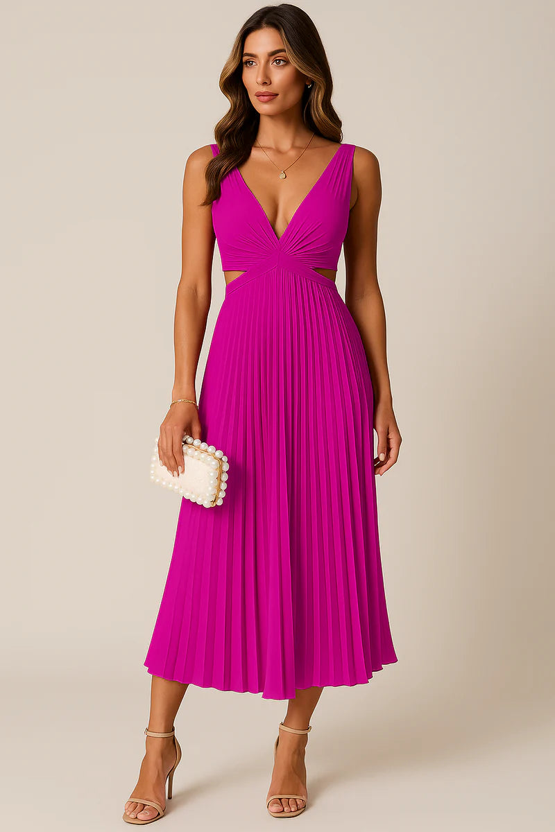 Elegant Pleated Cocktail Dress with Deep V-Neck for Women