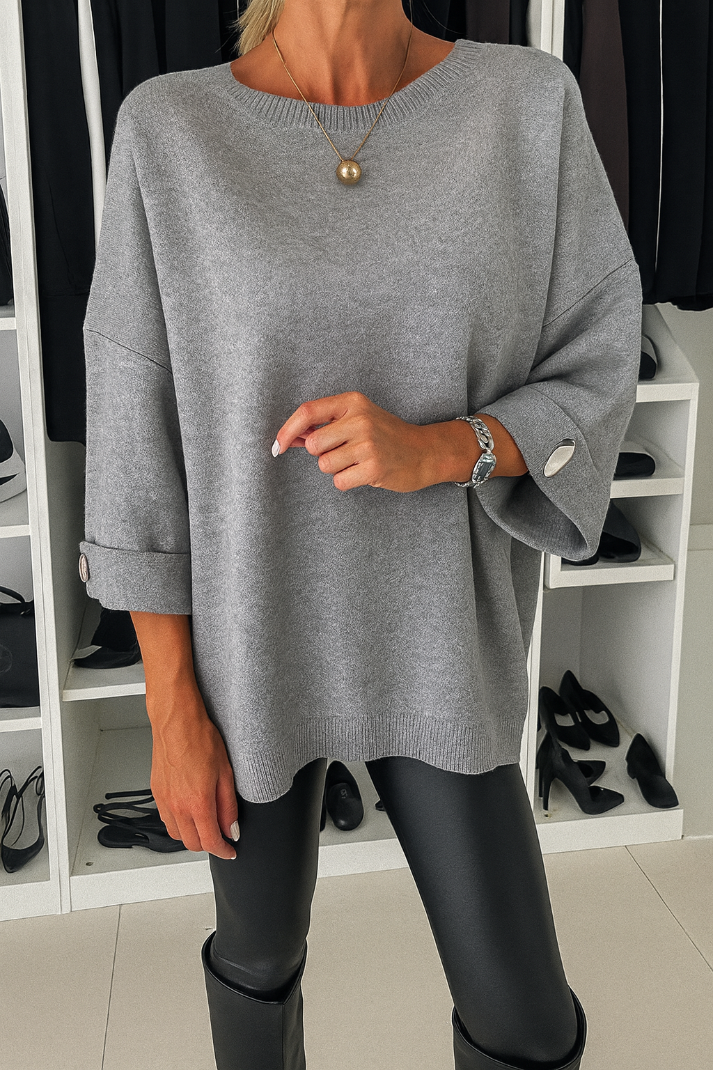 Women's Oversized Blouse with Three-Quarter Sleeves and Button Details