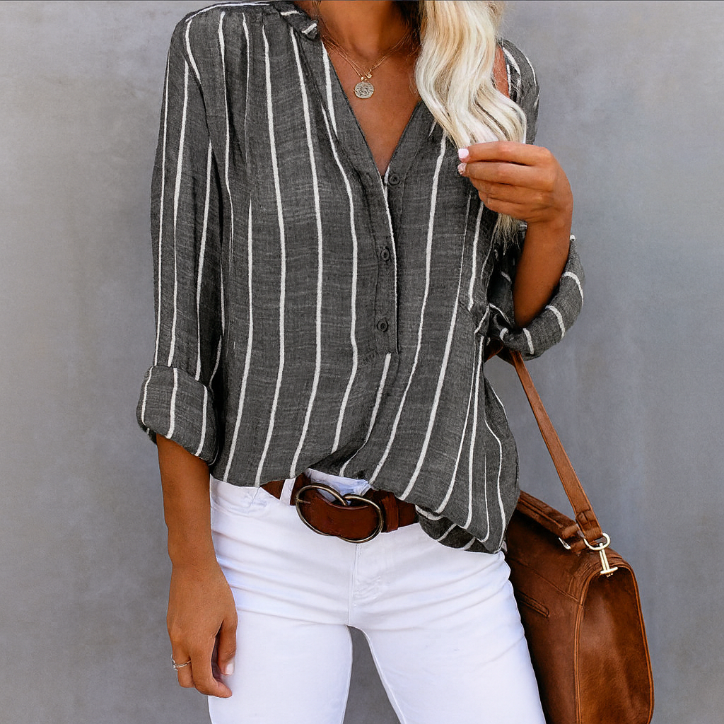 Airy Women's Striped Blouse with V Neck and Button Closure