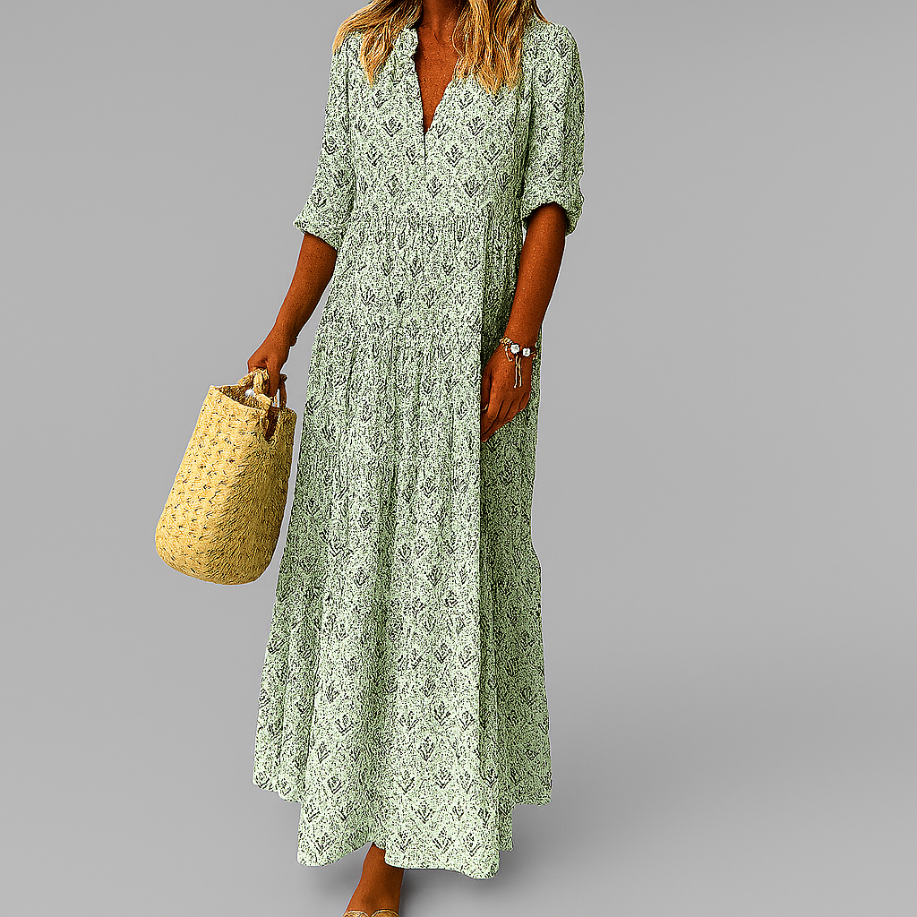 Airy Maxi Summer Dress with Print and V-Neck for Women