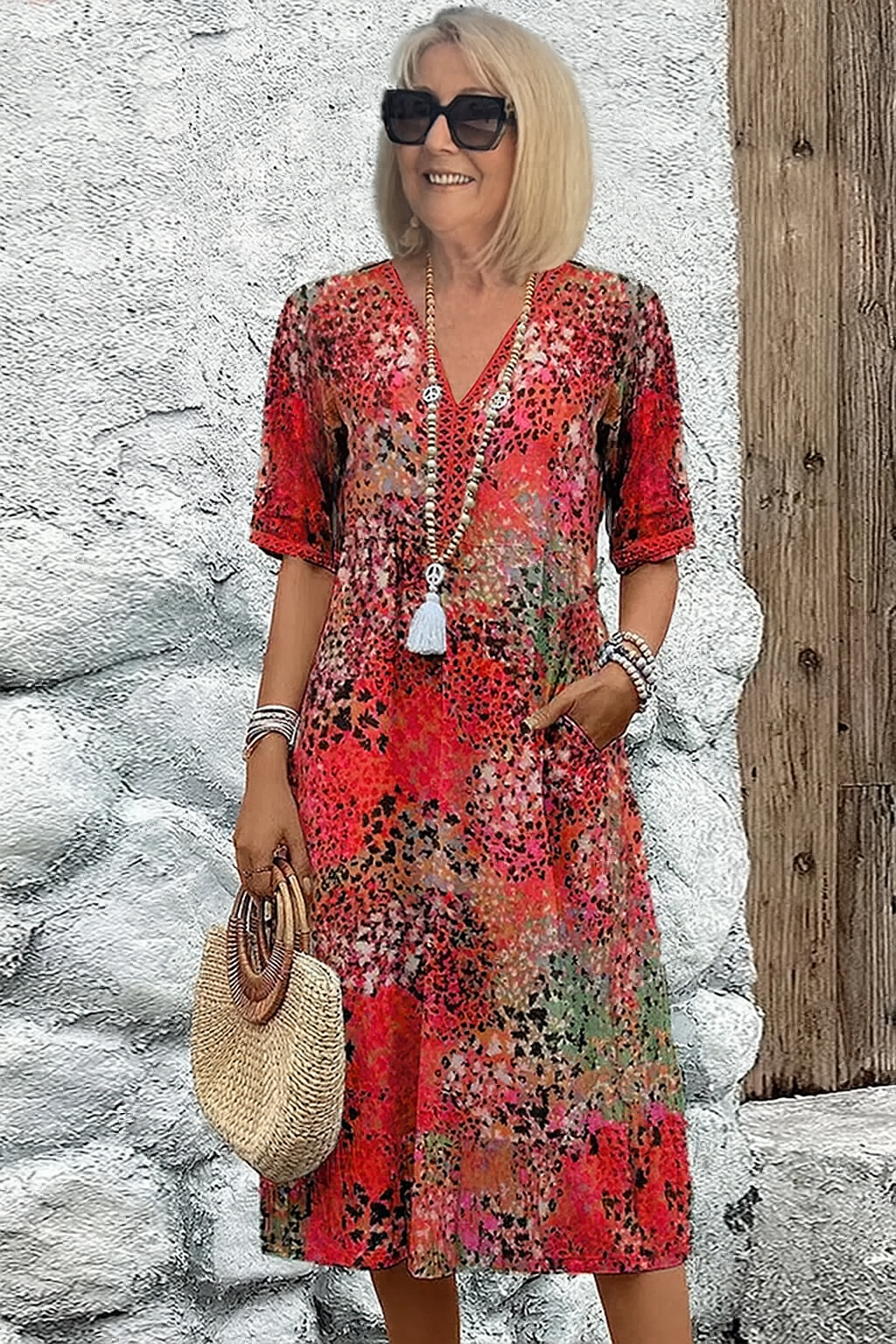 Airy Women's Summer Midi Dress with Short Sleeves and Pockets