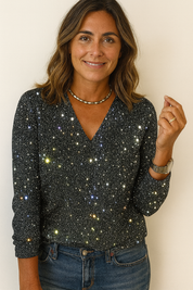 Glitter V-Neck Top with Long Sleeves for Women