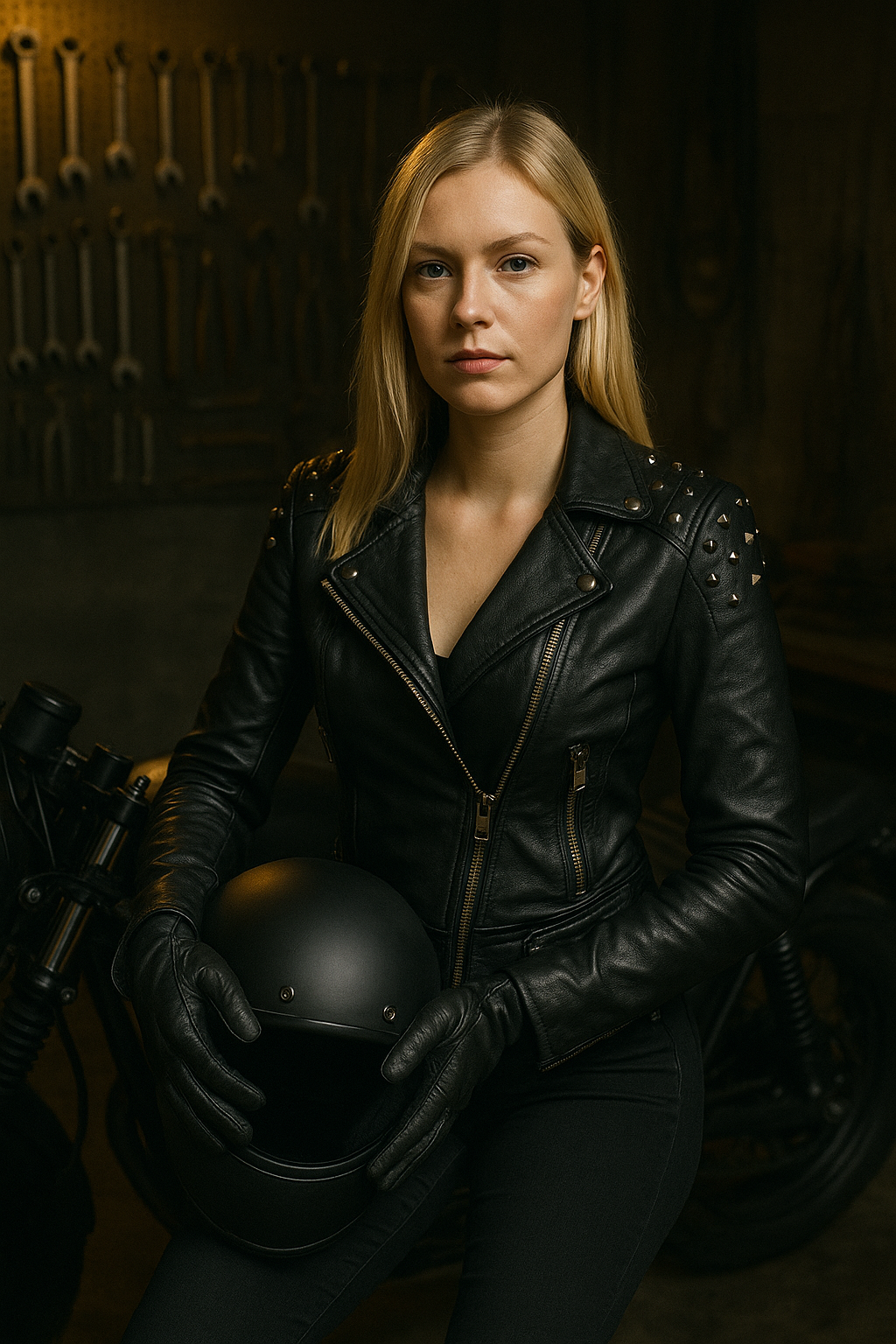 Black Leather Women's Bodycon Jacket with Zipper and Studs