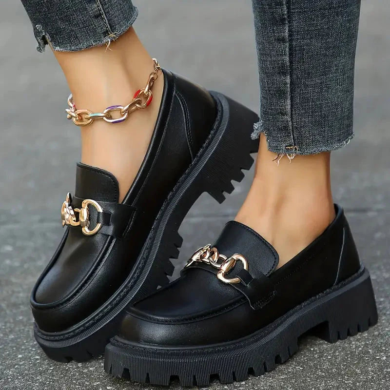 Women’s Chunky Leather Loafers With Chain Detail And Thick Sole
