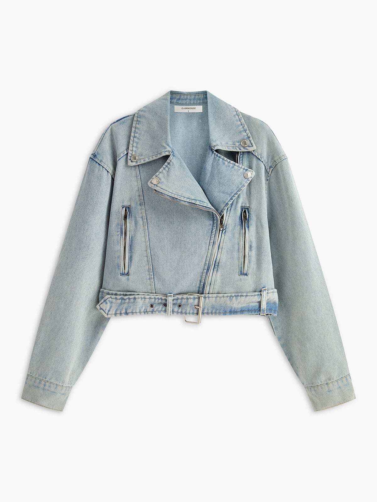 Short Denim Biker Jacket with Asymmetric Zipper and Waistband