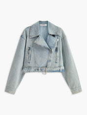 Short Denim Biker Jacket with Asymmetric Zipper and Waistband