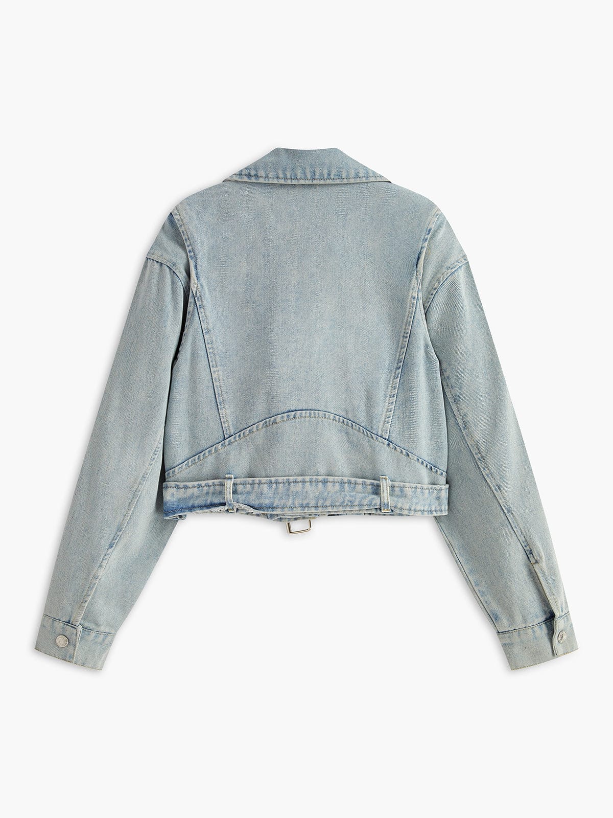 Short Denim Biker Jacket with Asymmetric Zipper and Waistband