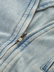Short Denim Biker Jacket with Asymmetric Zipper and Waistband