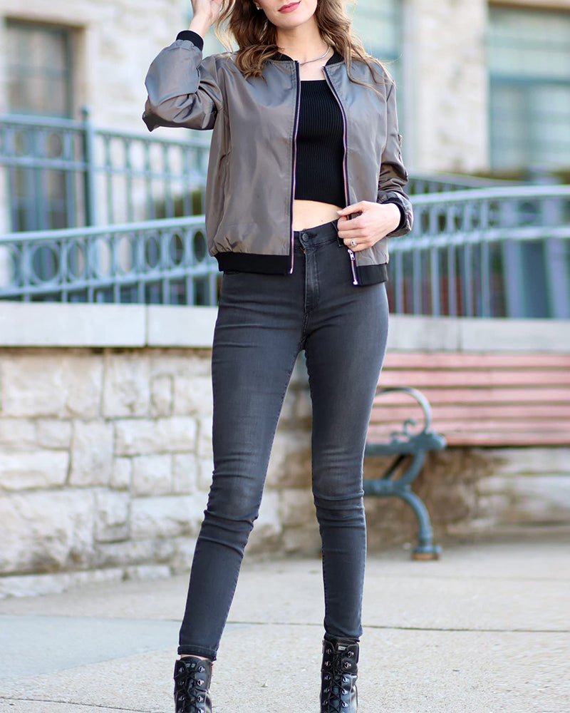 Women's Bomber Jacket with Zipper, Sleeve Pocket, and Ribbed Cuffs