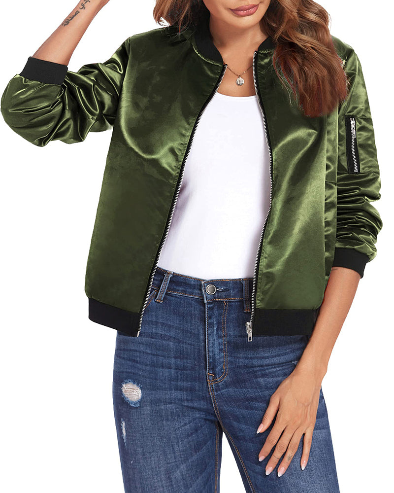 Women's Bomber Jacket with Zipper, Sleeve Pocket, and Ribbed Cuffs