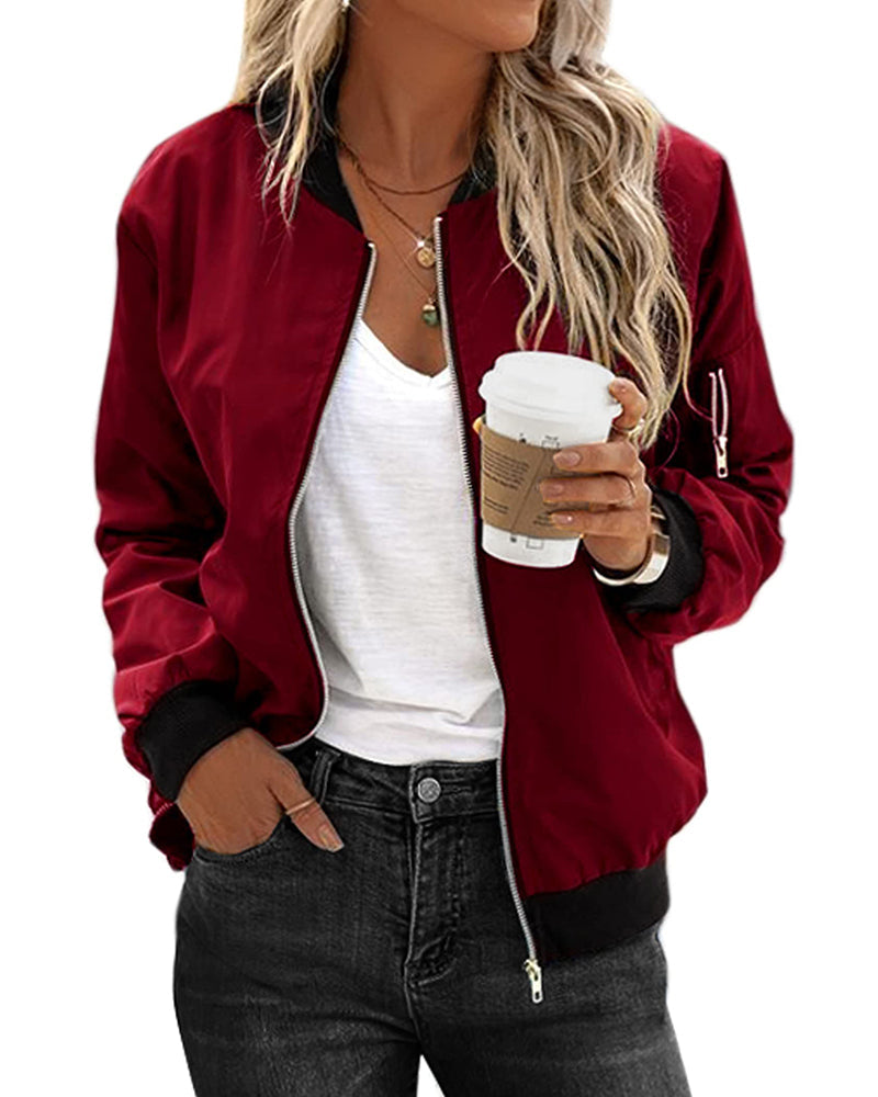 Classic Bomber Jacket for Women with Zipper and Comfortable Fit
