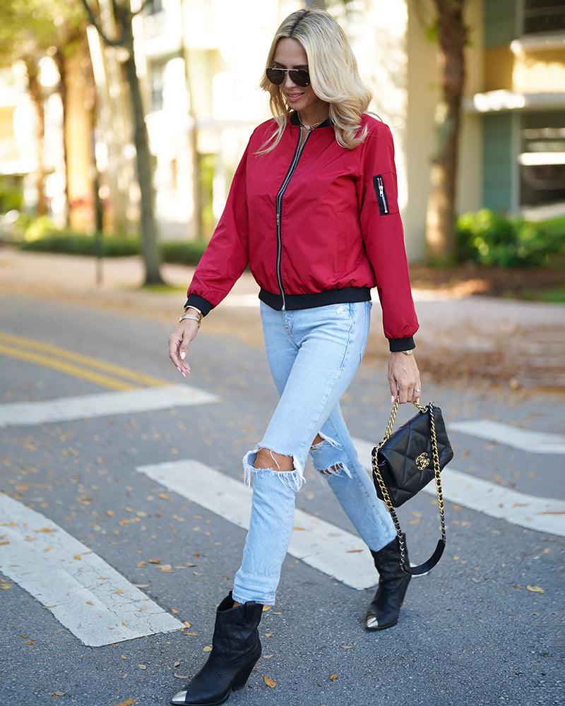 Women's Bomber Jacket with Zipper, Sleeve Pocket, and Ribbed Cuffs