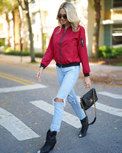 Women's Bomber Jacket with Zipper, Sleeve Pocket, and Ribbed Cuffs