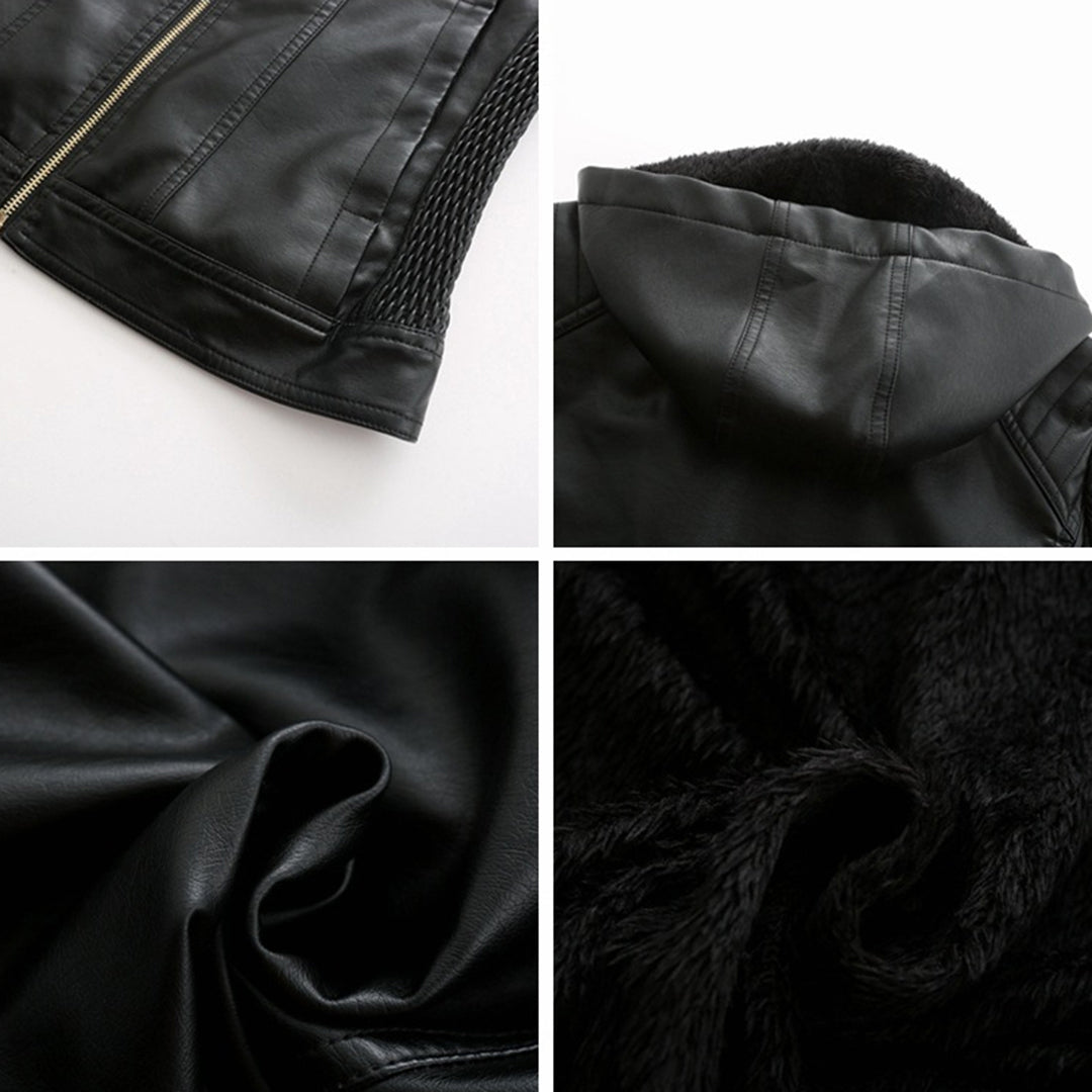 Leather Women's Jacket with Removable Hood and Zipper