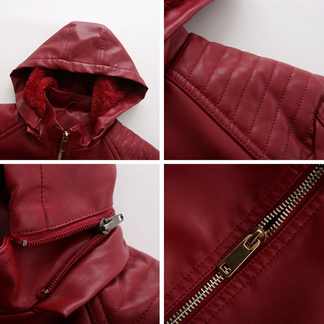 Leather Women's Jacket with Removable Hood and Zipper