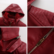 Leather Women's Jacket with Removable Hood and Zipper