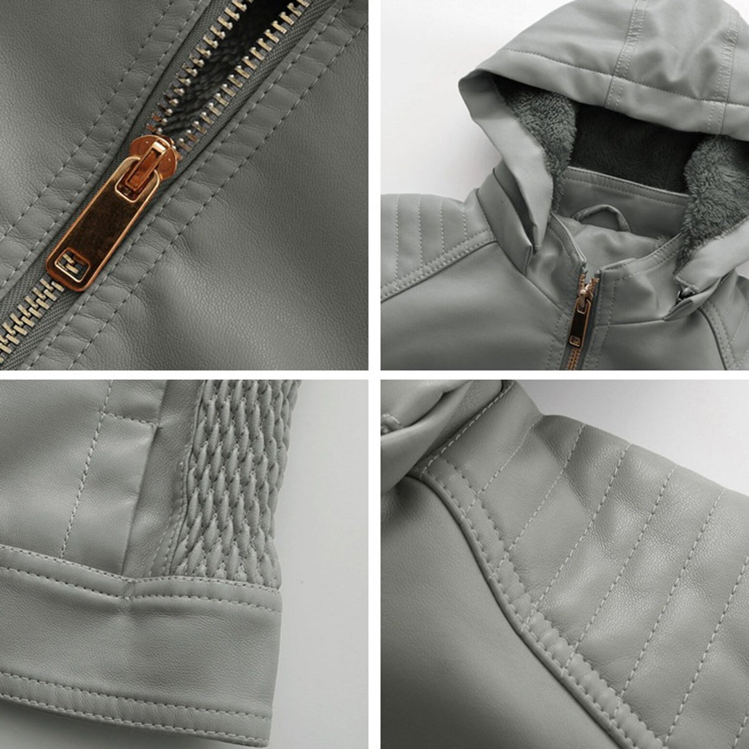 Leather Women's Jacket with Removable Hood and Zipper
