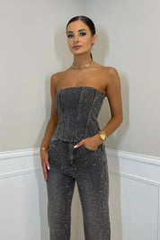 Strapless Glitter Co-ord Set with Straight Pants for Women