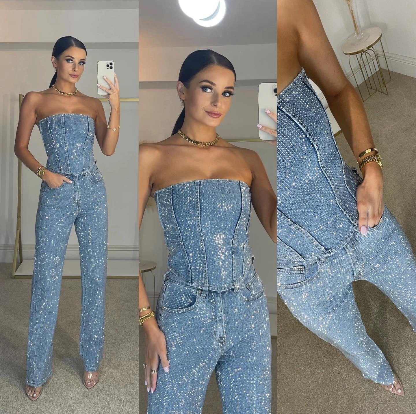 Strapless Glitter Co-ord Set with Straight Pants for Women