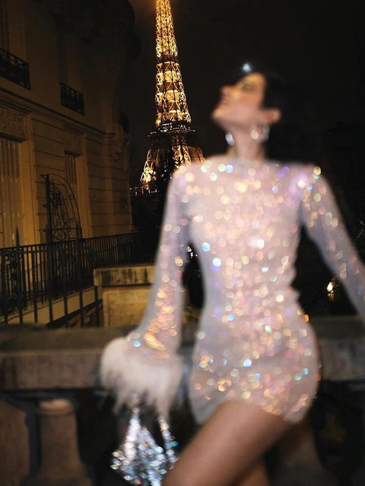Glitter Sequin Women's Mini Cocktail Dress with Feather Sleeves