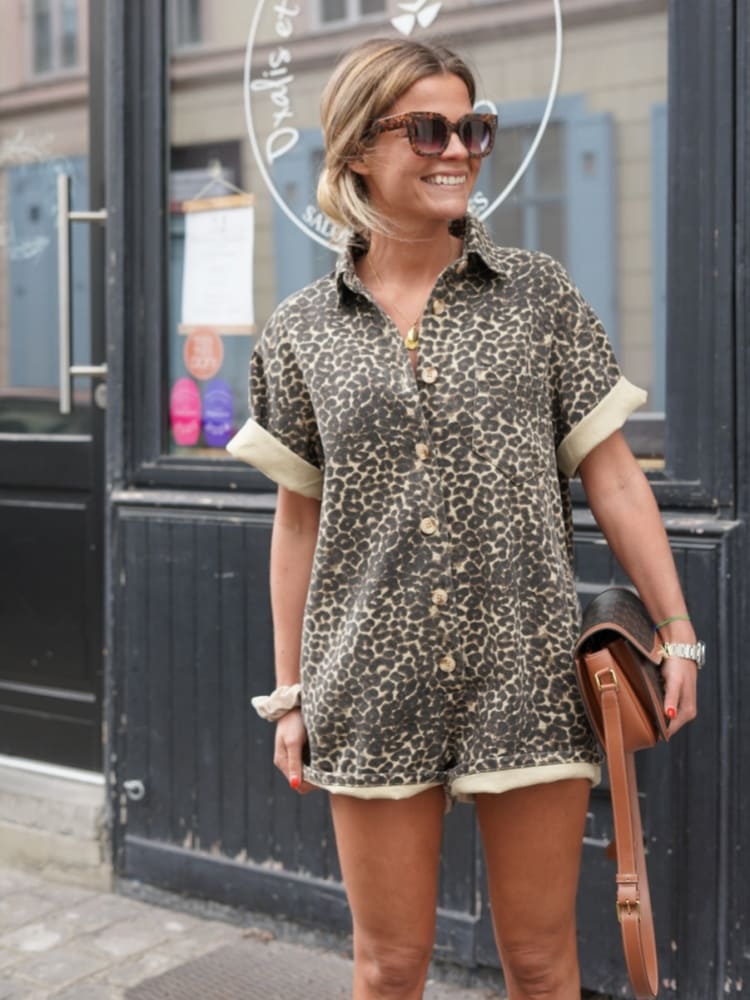 Summer Playsuit with Leopard Print and Button Closure