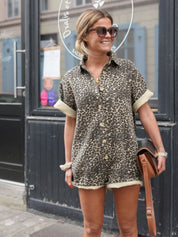 Summer Playsuit with Leopard Print and Button Closure