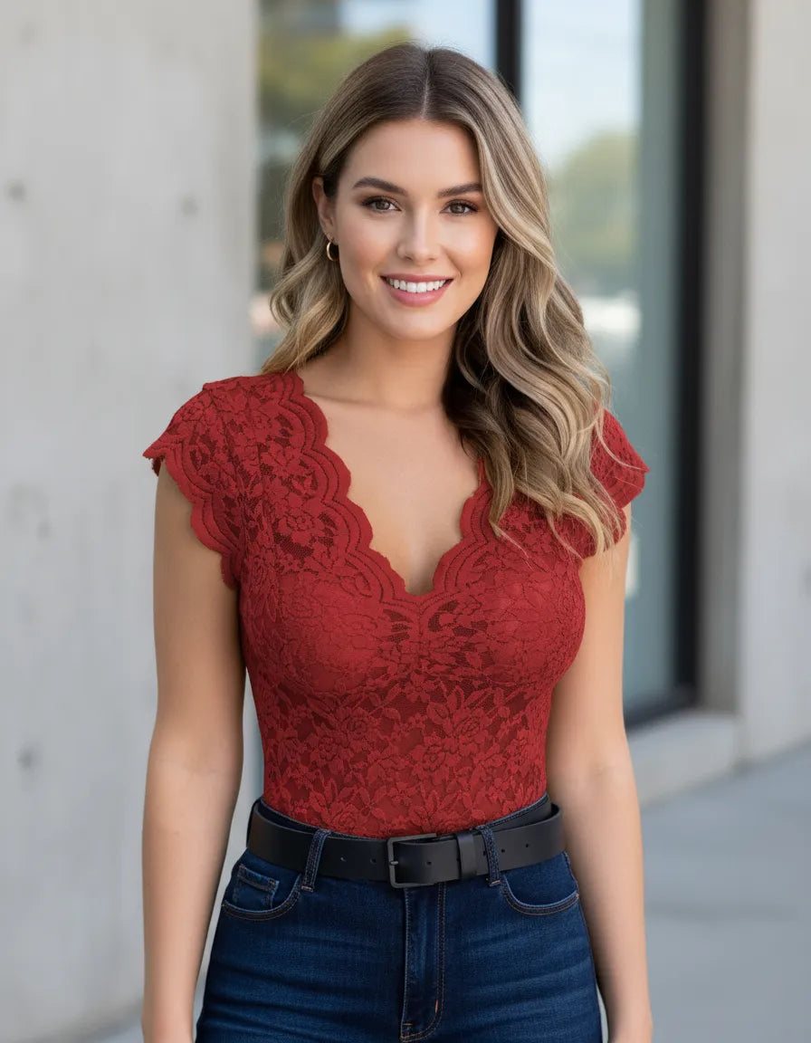Fitted Edge Top with V Neck and Short Sleeves