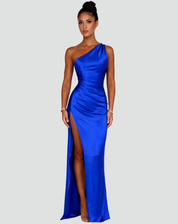 Elegant Satin One-Shoulder Maxi Evening Dress with High Slit