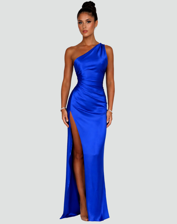 Elegant Satin One-Shoulder Maxi Evening Dress with High Slit