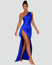 Elegant Satin One-Shoulder Maxi Evening Dress with High Slit
