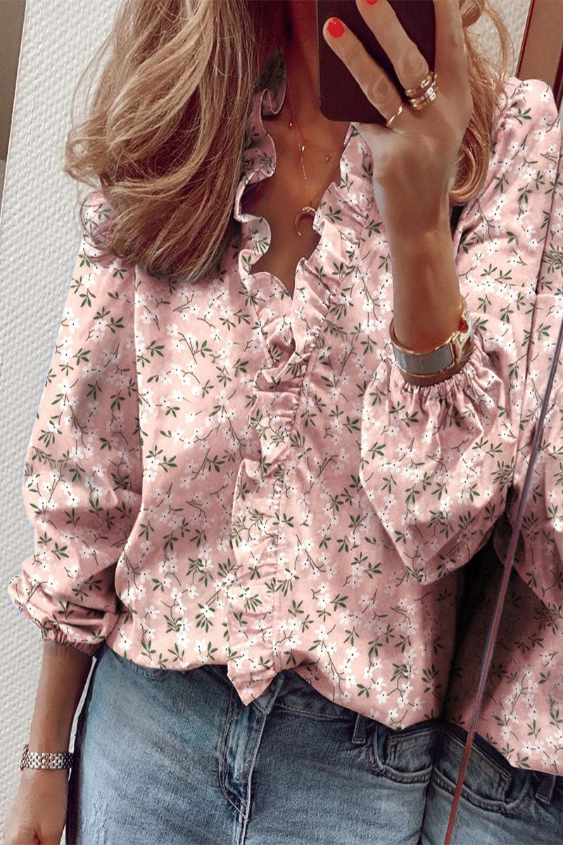 Elegant Blouse with Ruffles V-Neck Long Sleeve for Women