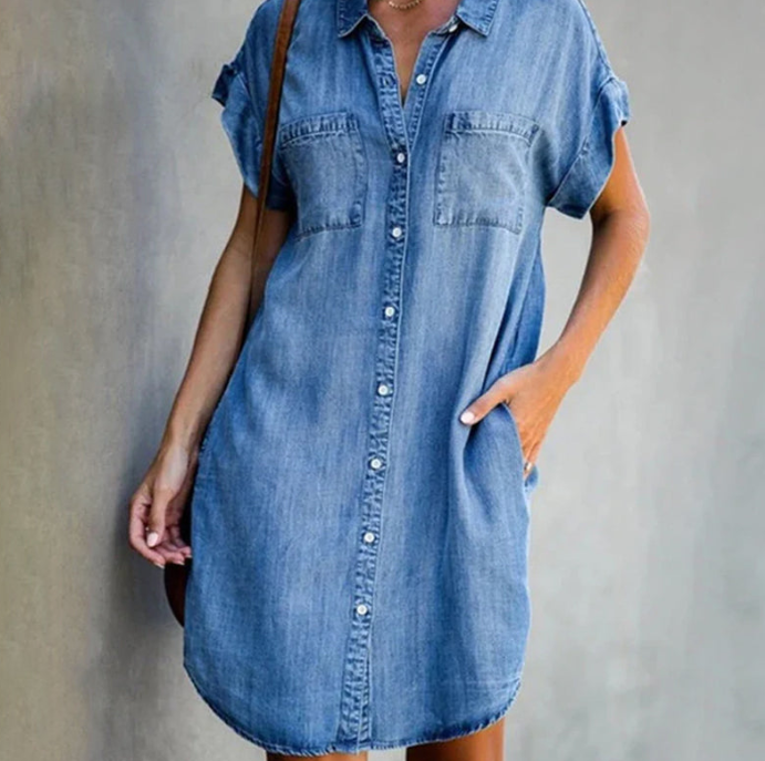 Hannah - Dress in denim look with short sleeves