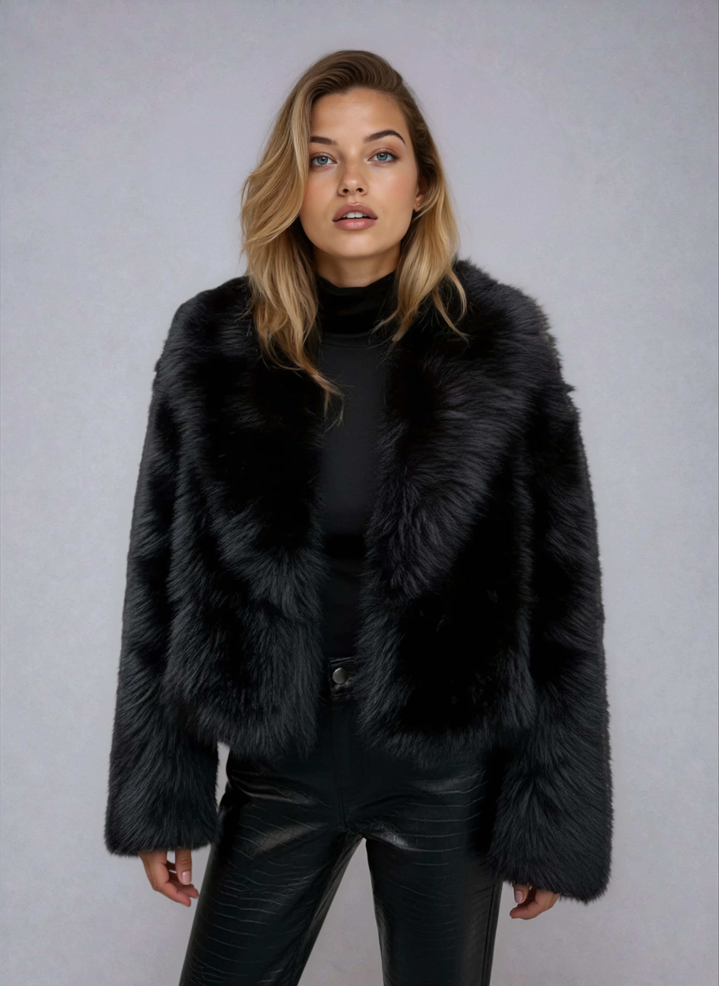 Black Faux Fur Jacket Short Style Warm and Soft for Women