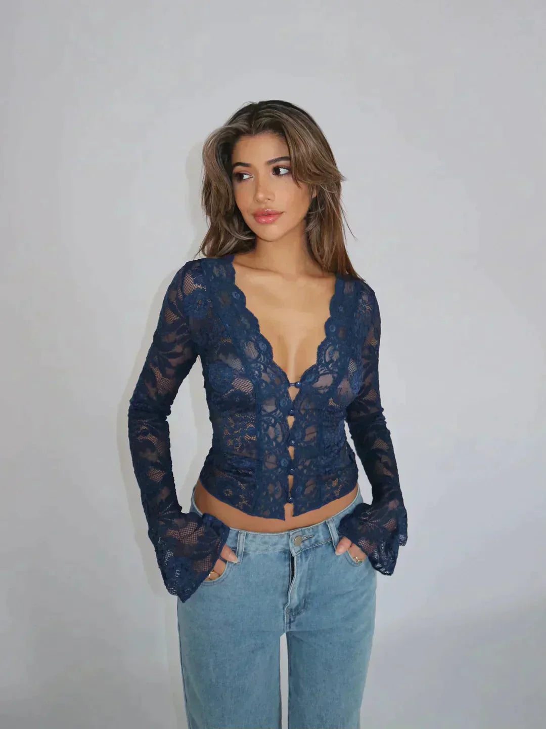 Lace Top with Deep V Neck and Long Sleeves