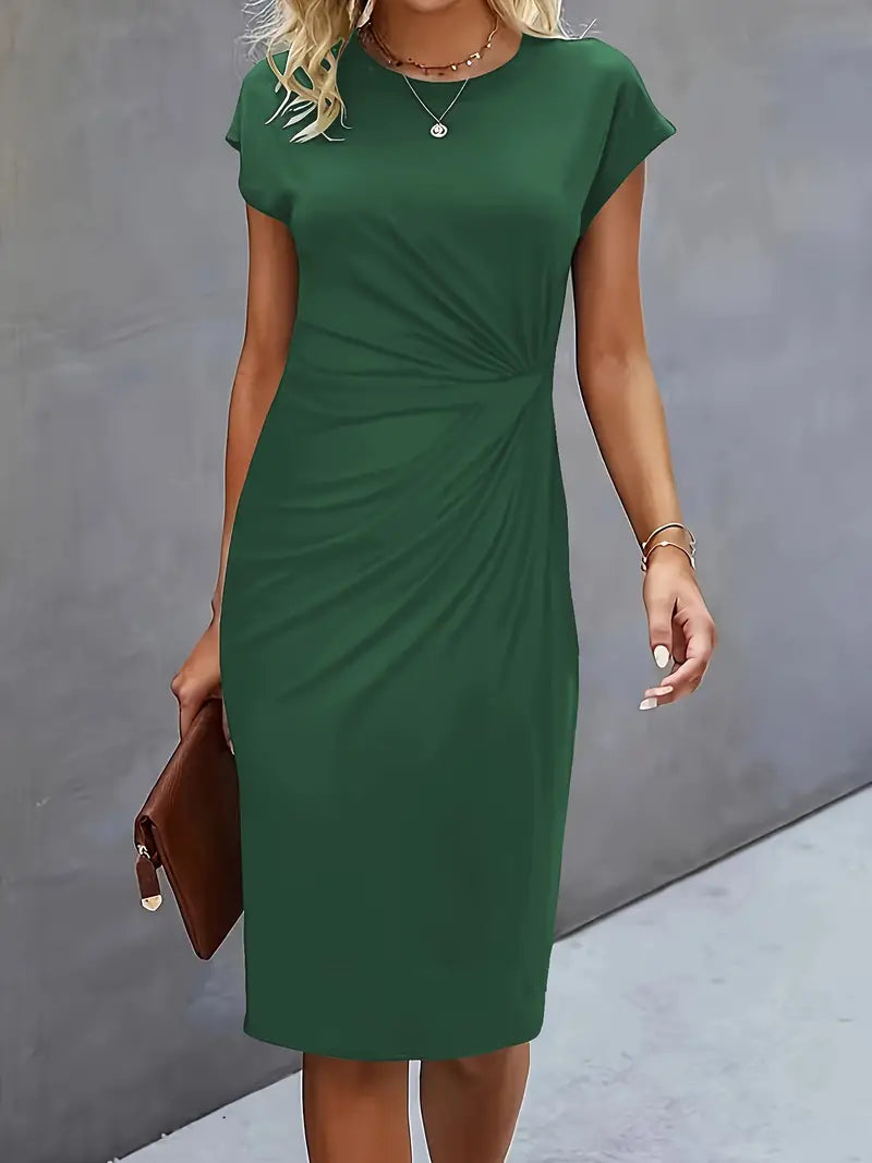 Elegant Midi Dress For Women With Round Neck And Fitted Silhouette