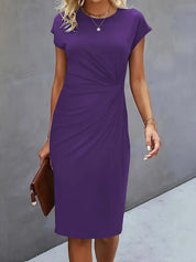 Elegant Midi Dress For Women With Round Neck And Fitted Silhouette