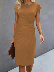 Elegant Midi Dress For Women With Round Neck And Fitted Silhouette