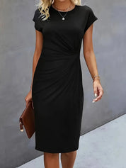 Elegant Midi Dress For Women With Round Neck And Fitted Silhouette