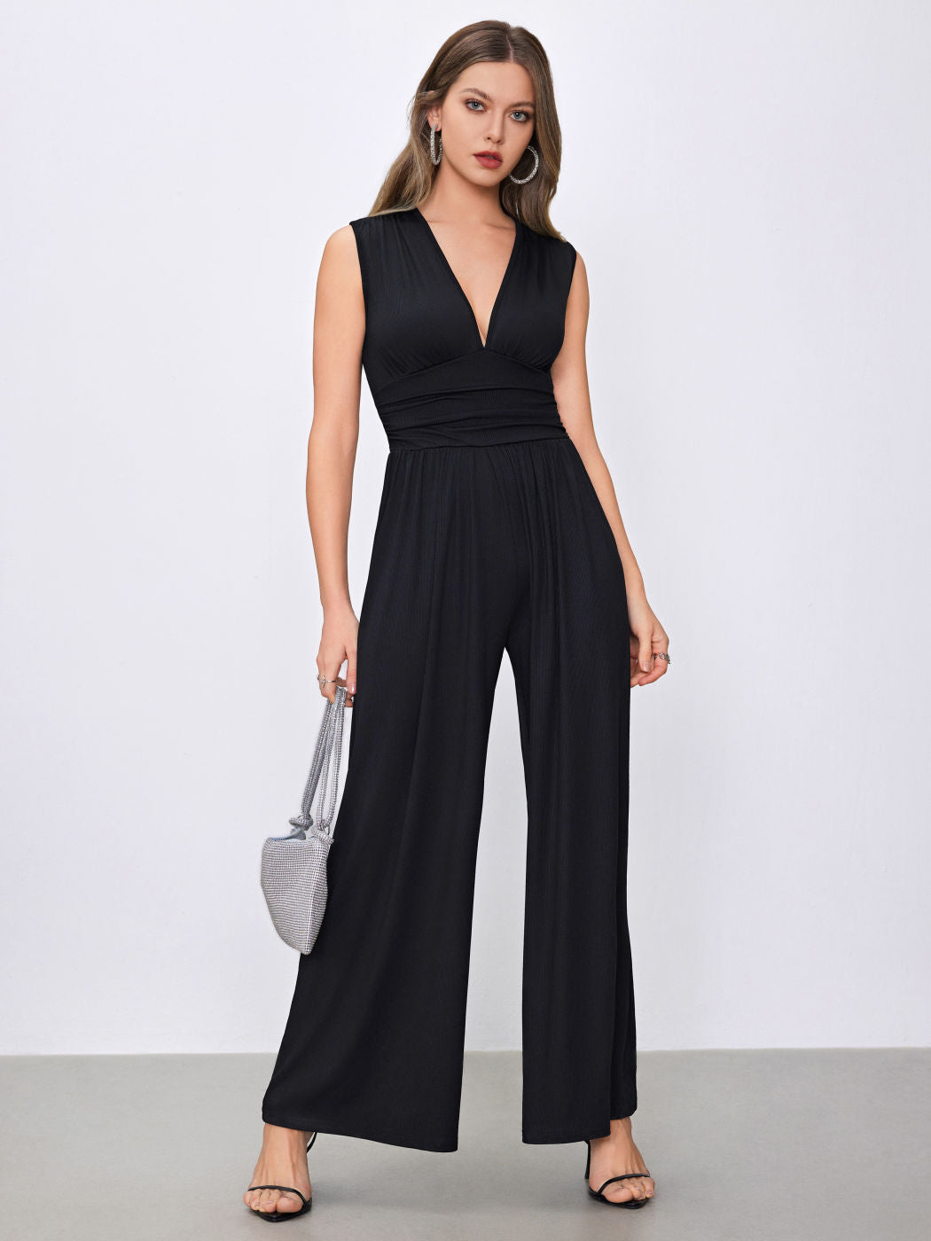 Women's Stylish Jumpsuit with Deep V-Neck and Wide Legs