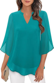 Women's Elegant Blouse with V-Neck and Wide Sleeves